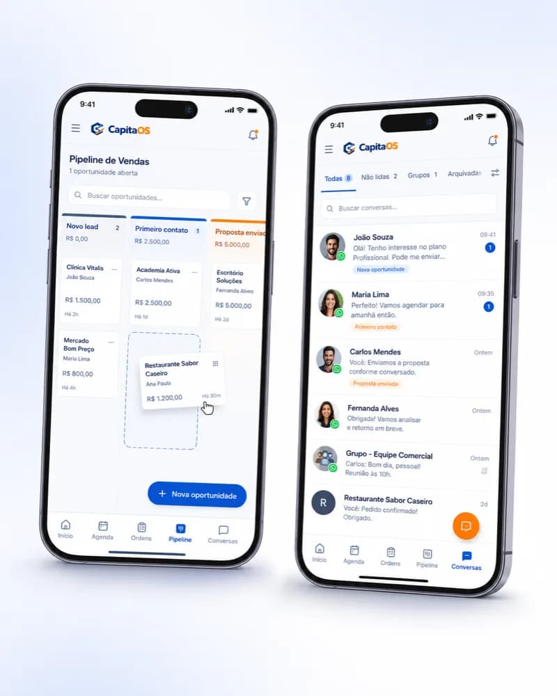 CapitaOS em dois celulares: pipeline de vendas com cartões arrastáveis e central de conversas do WhatsApp.